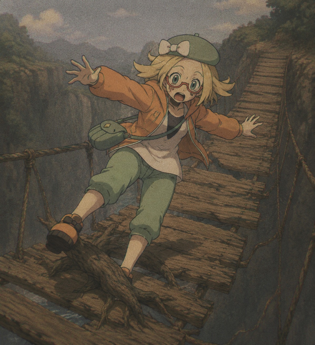 Tripping over a stray tree root On a rickety wooden bridge over a deep canyon (lo-fi aesthetic, muted tones and grainy texture)