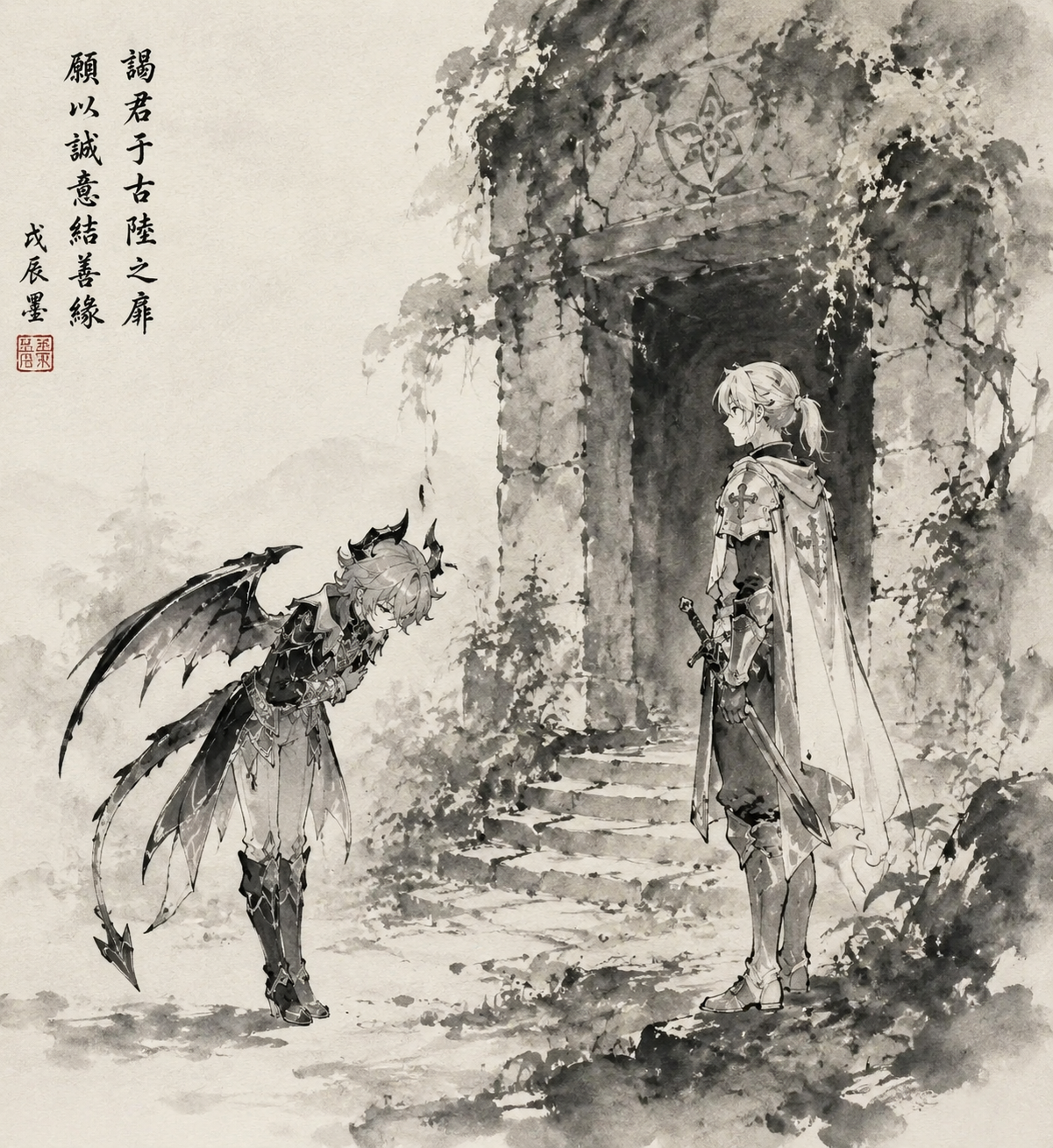 Bowing politely to a knight of favonius At the moss-covered entrance of a forgotten ruin (traditional sumi-e ink wash, minimalist strokes)