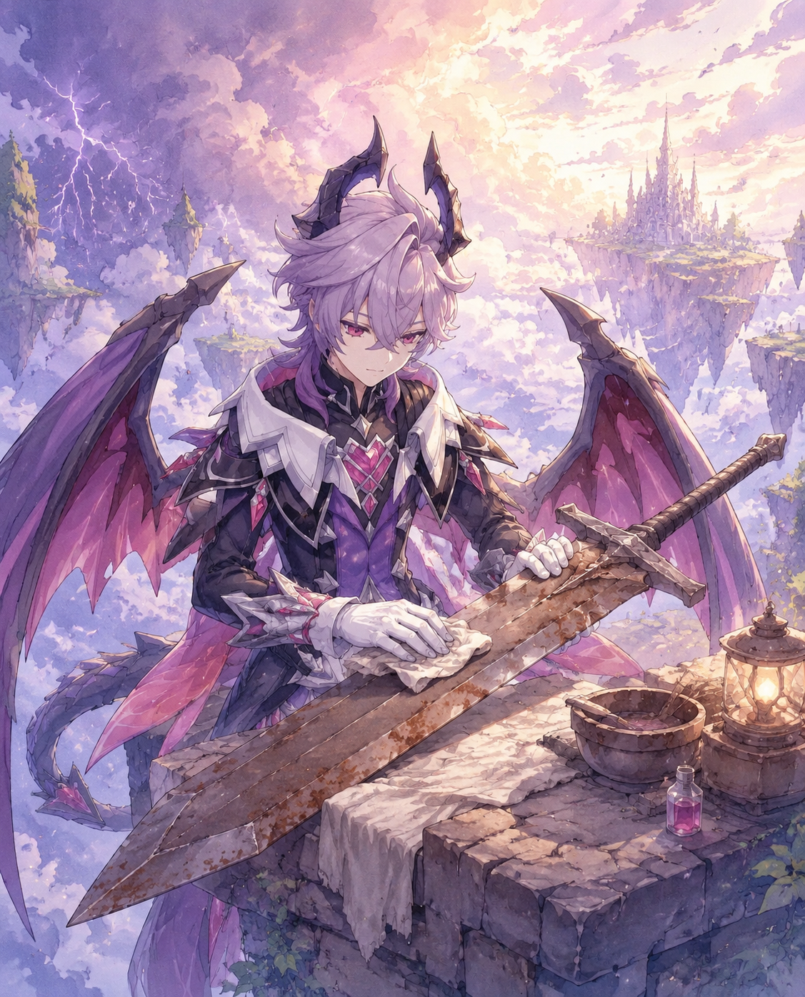 Carefully polishing a rusted iron greatsword On a floating sky island surrounded by lightning clouds (soft watercolor anime, pastel morning light)
