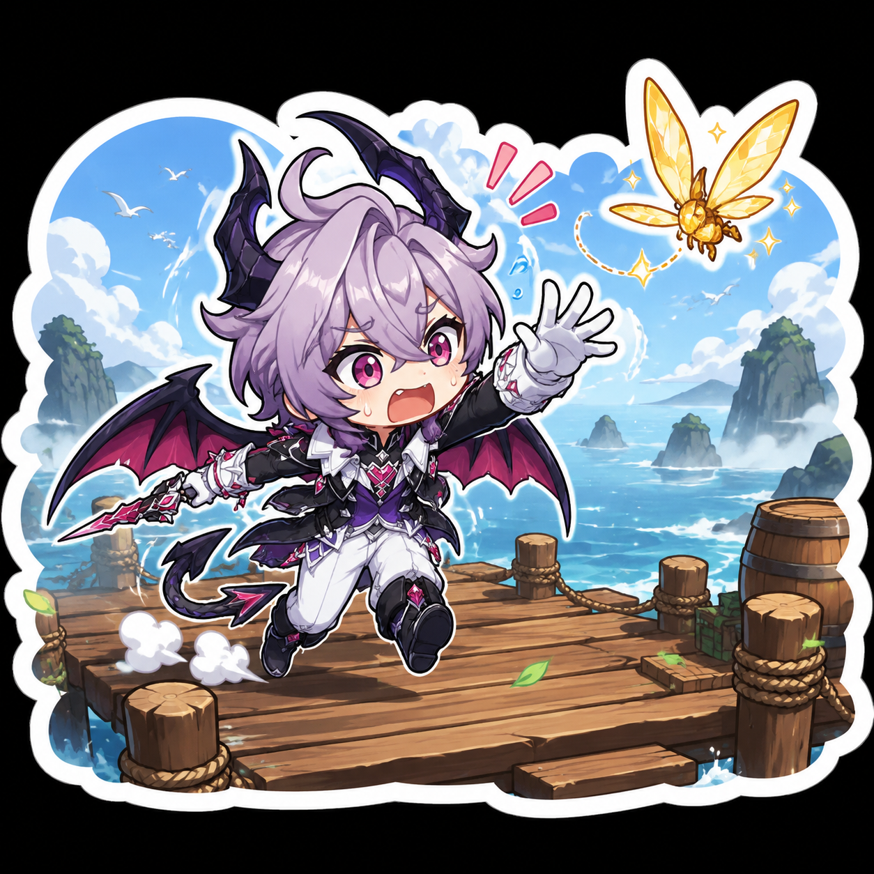 Clumsily chasing a golden crystalfly through the air On a wooden pier overlooking the vast misty ocean (cute chibi sticker art, vibrant flat colors)