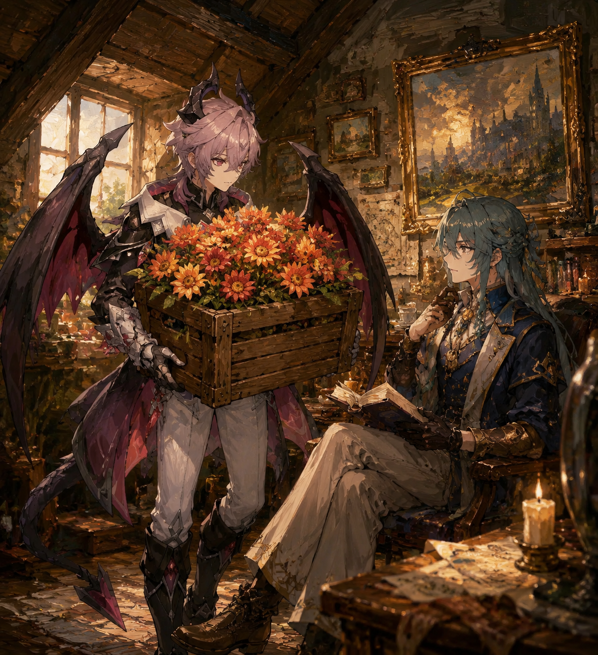 Delivering a heavy crate of sunsettias to sarast Inside a cozy attic room filled with old maps (classical oil painting, rich impasto textures)