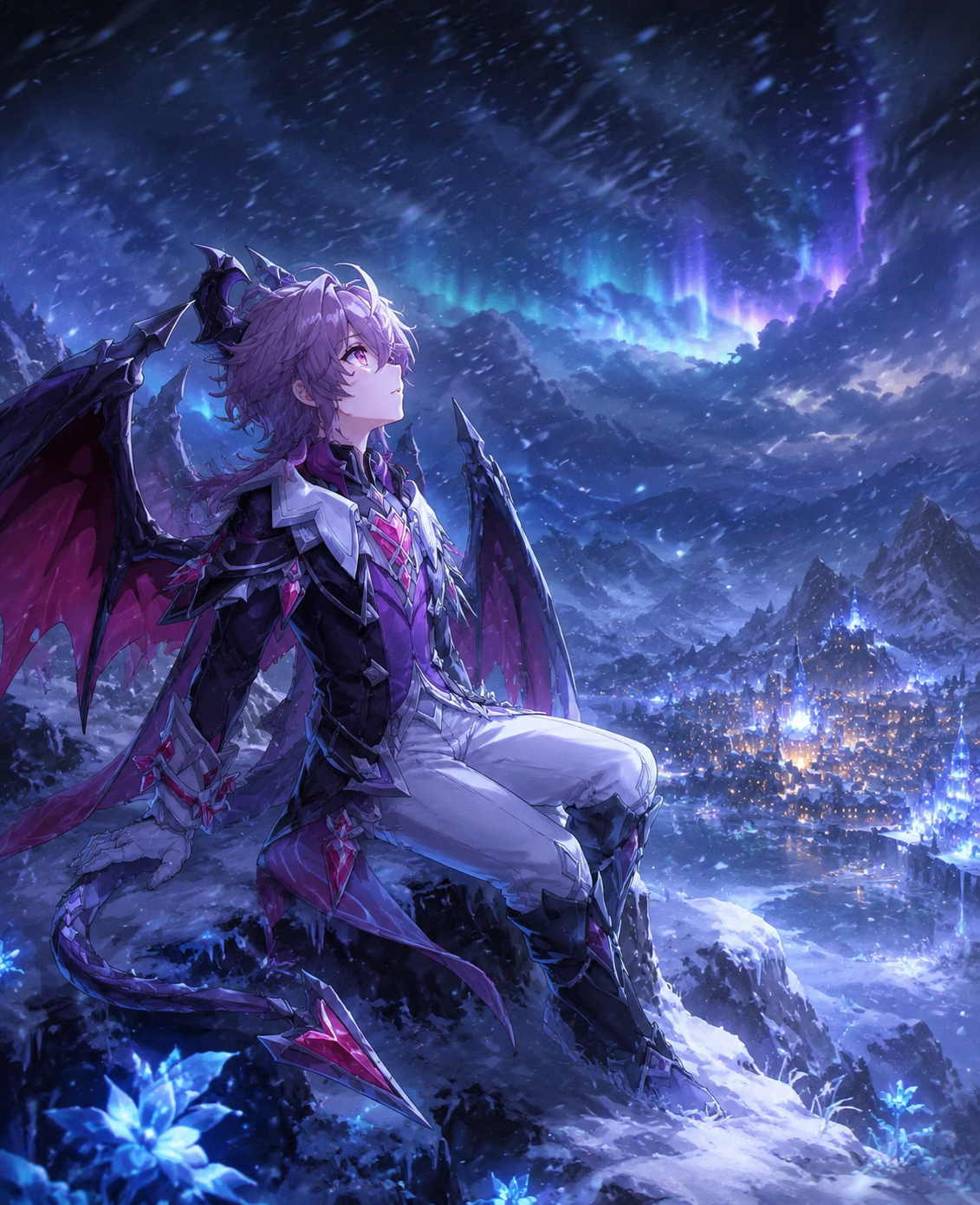 Gazing in wide-eyed wonder at the city lights On the snowy peak of Dragonspine during a blizzard (ethereal digital illustration, glowing bioluminescence)