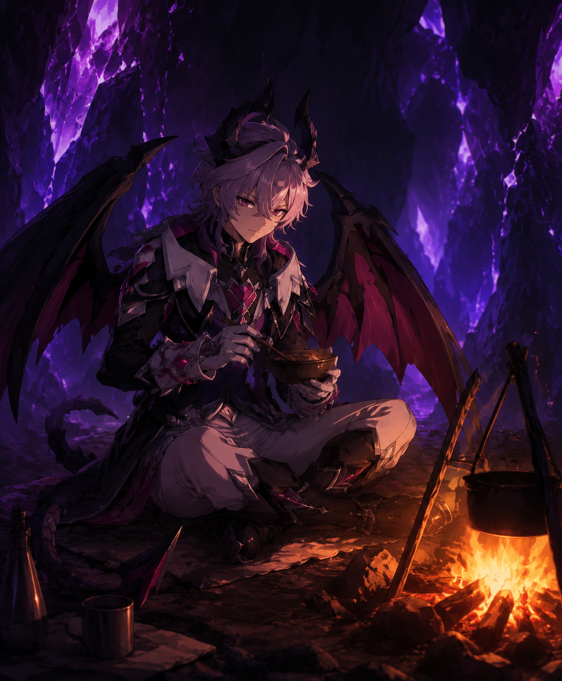 Sharing a modest meal by a campfire Inside a crystalline cavern with glowing purple veins (cinematic noir, dramatic purple shadows)
