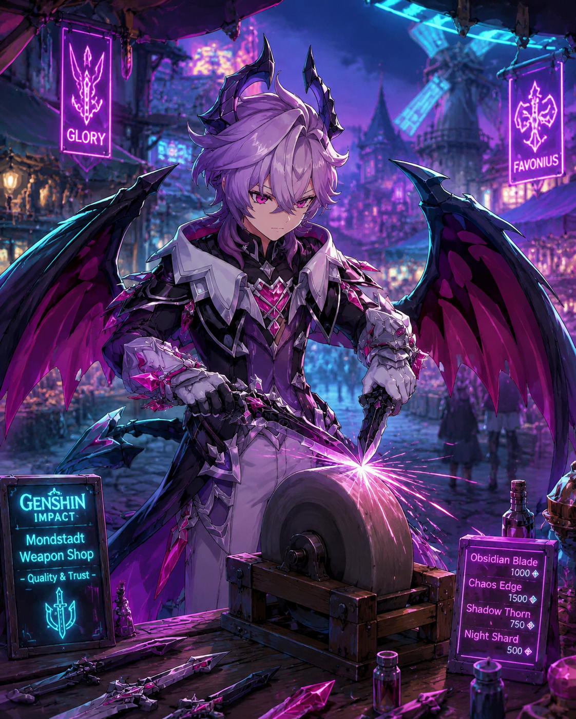 Sharpening a jagged obsidian dagger with focused intent At a bustling market stall in Mondstadt city (futuristic synthwave, neon violet and teal glow)
