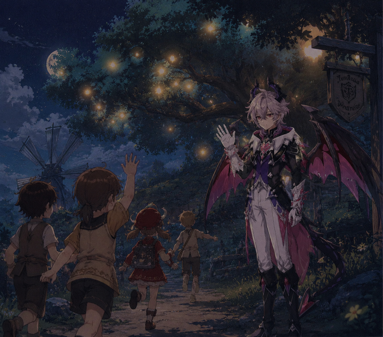 Shyly waving to a group of passing children Under the glowing boughs of Windrise at midnight (90s retro anime style, grainy lo-fi aesthetic)