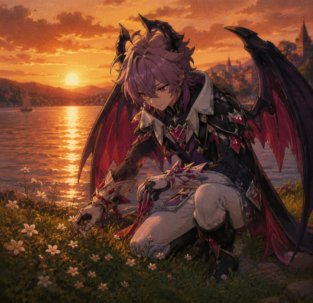 Tending to a patch of small white flowers At the edge of Cider Lake during a golden sunset (90s retro anime style, grainy lo-fi aesthetic)