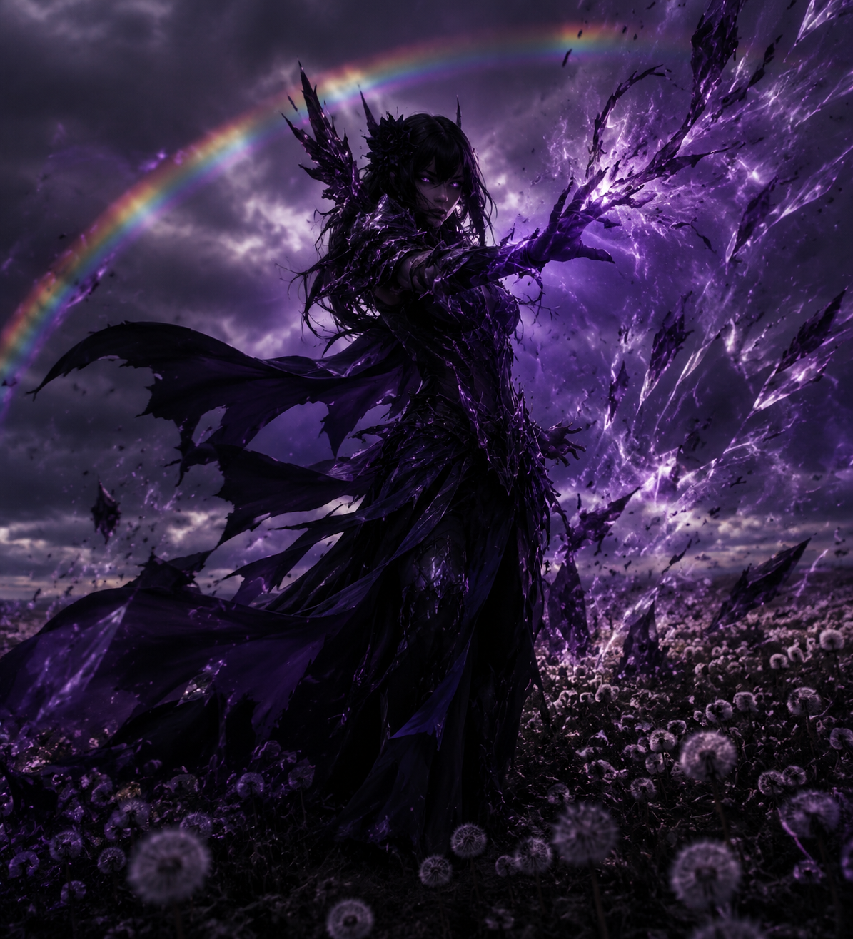 Unleashing a surge of dark crystalline energy In a quiet field of dandelions under a rainbow (cinematic noir, dramatic purple shadows)