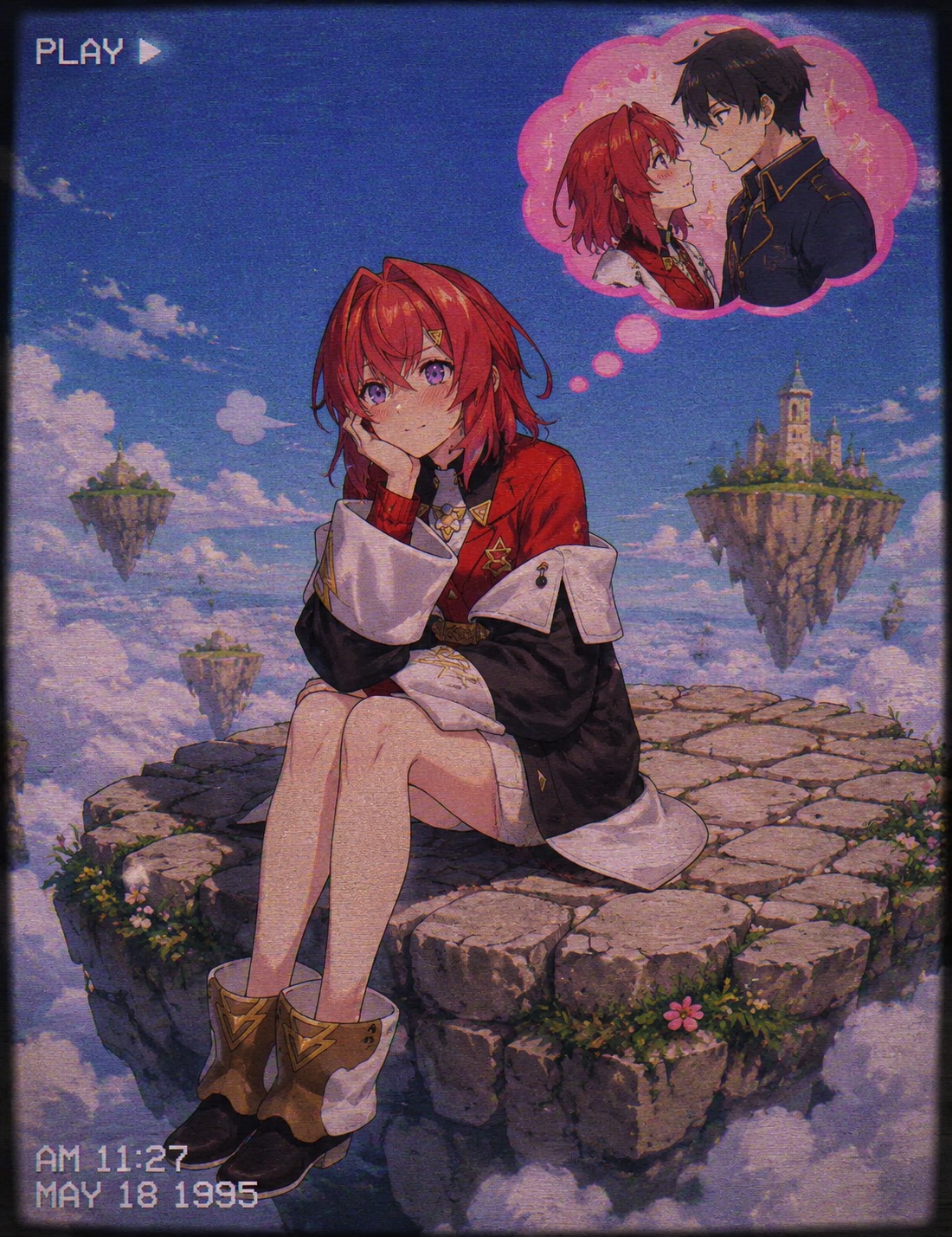 Daydreaming about a romantic encounter with a sigh On a floating cobblestone island above the clouds (90s retro anime, grainy VHS aesthetic)