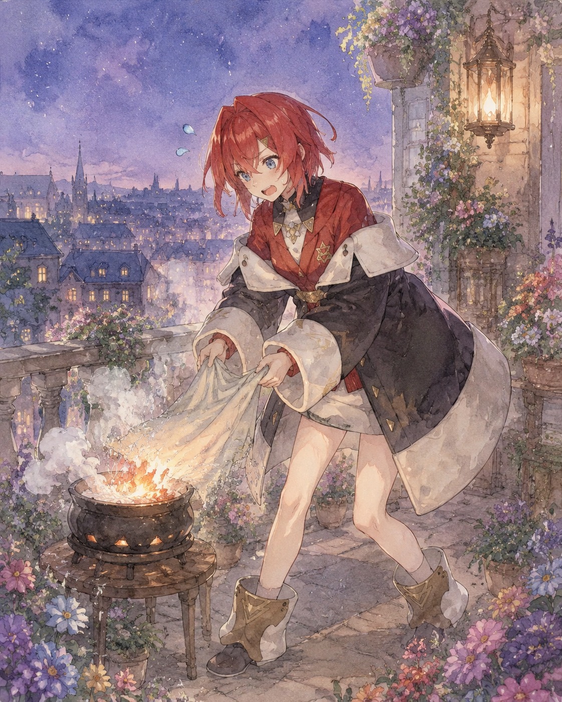 Frantically extinguishing a small cauldron fire On a flower-filled balcony overlooking a sleeping city (soft watercolor anime, delicate linework)