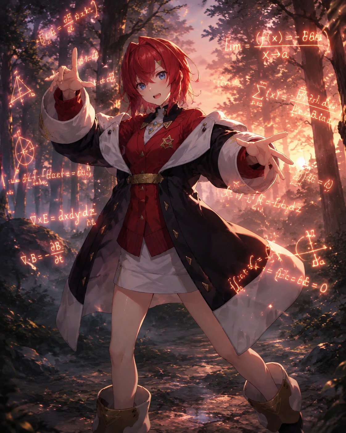 Gesturing wildly while explaining a complex formula At a misty forest clearing during dawn (cinematic fantasy illustration, dynamic lighting)