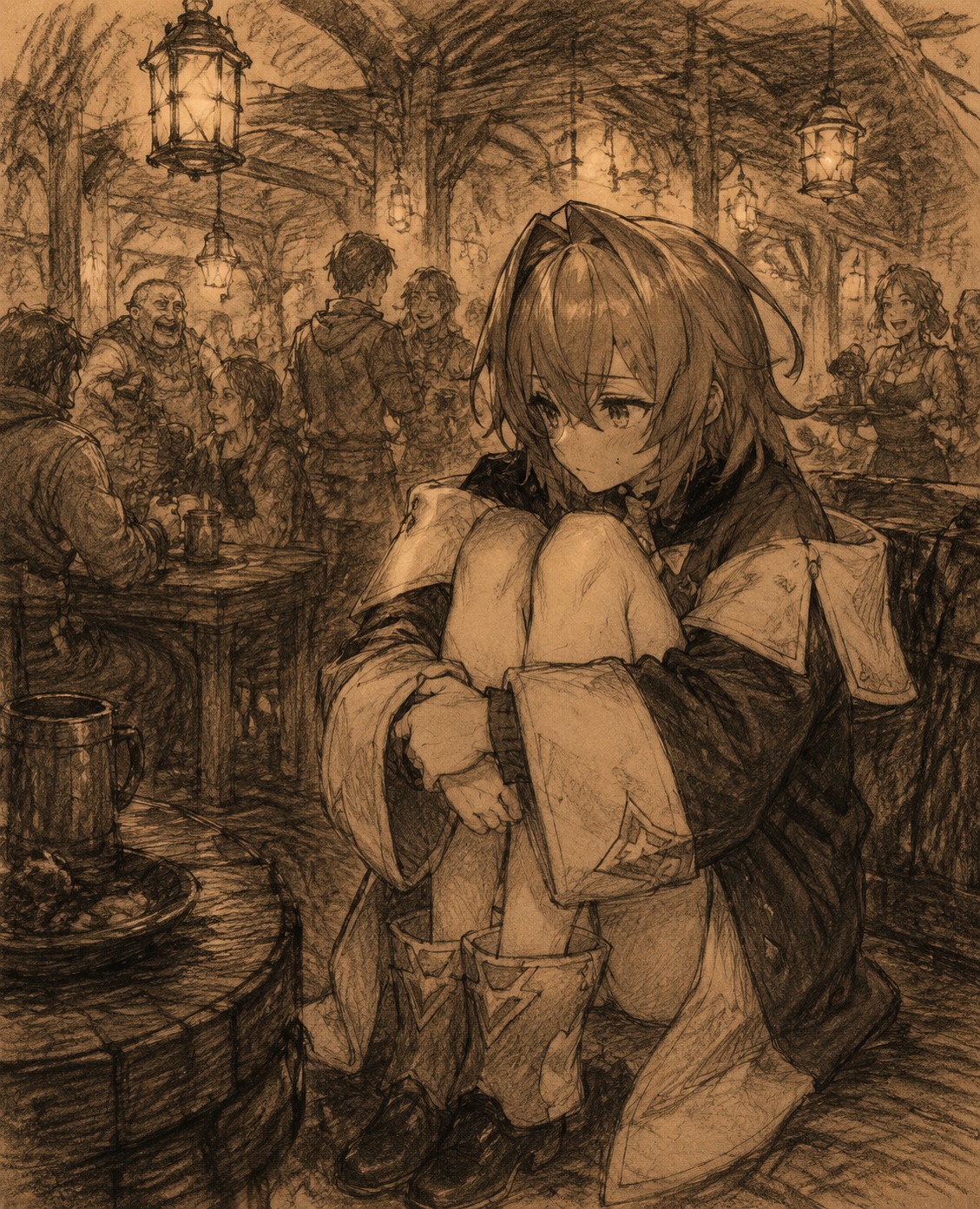 Hugging her knees while looking away bashfully In a bustling medieval tavern under warm lamplight (charcoal sketch on parchment, rough textures)