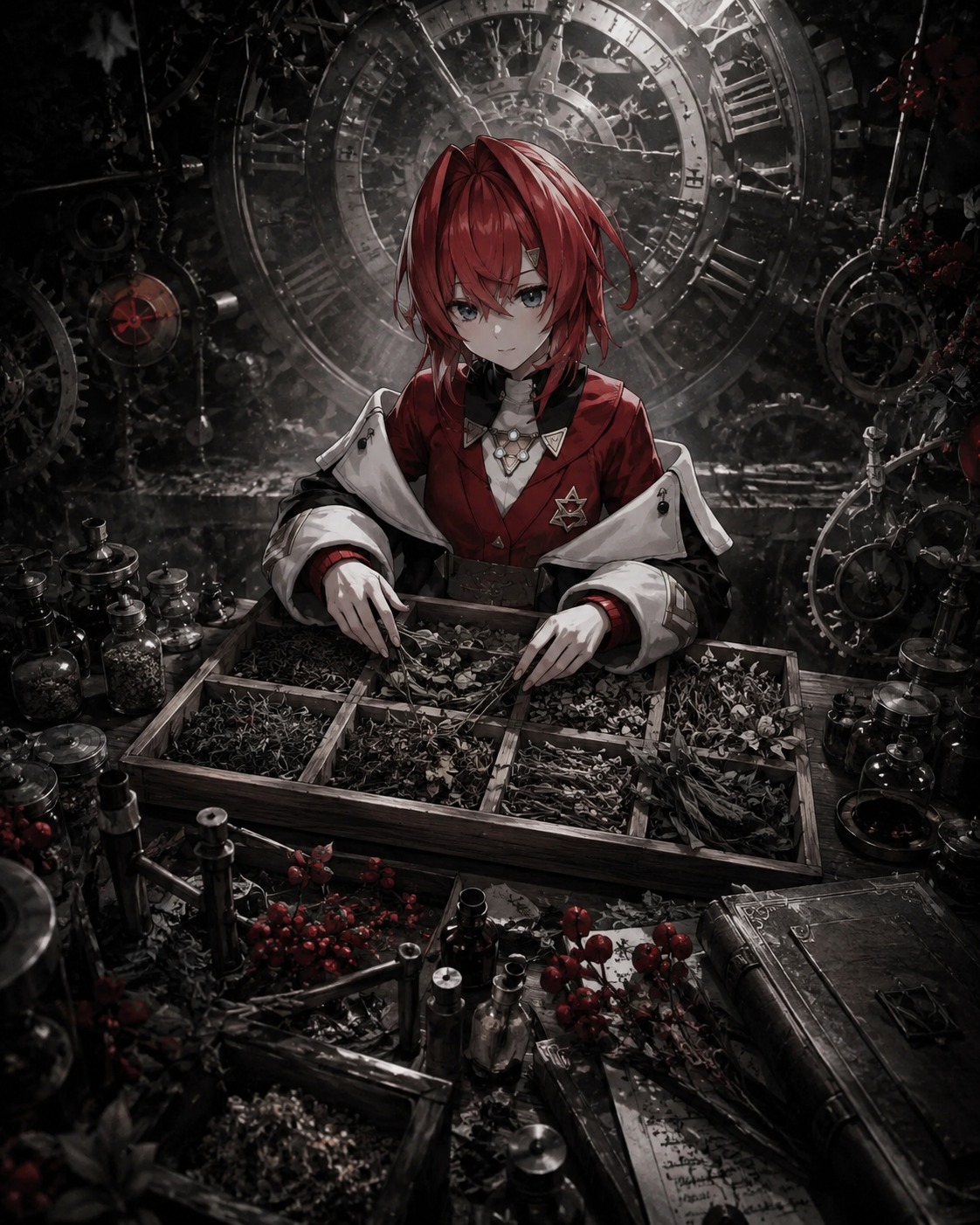 Organizing various dried herbs on a wooden tray At the center of a giant ancient clockwork mechanism (dramatic film noir, monochrome with red accents)