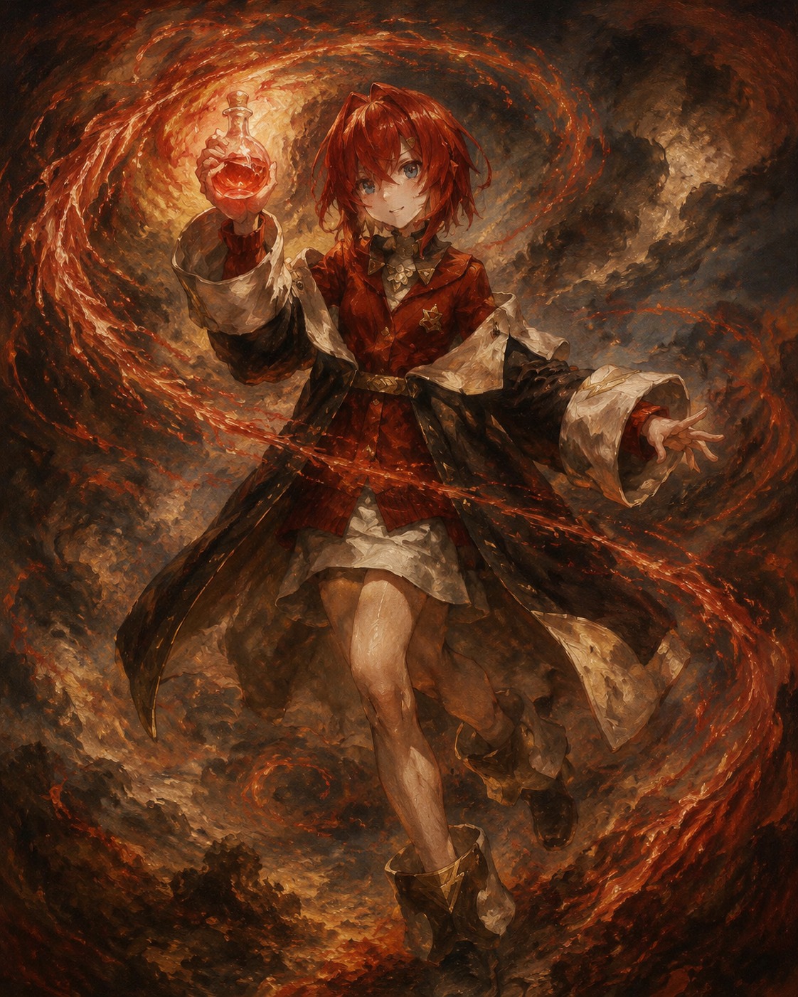 Swirling a glowing crimson potion flask In the middle of a swirling magical storm (vintage oil painting, warm earthy tones)