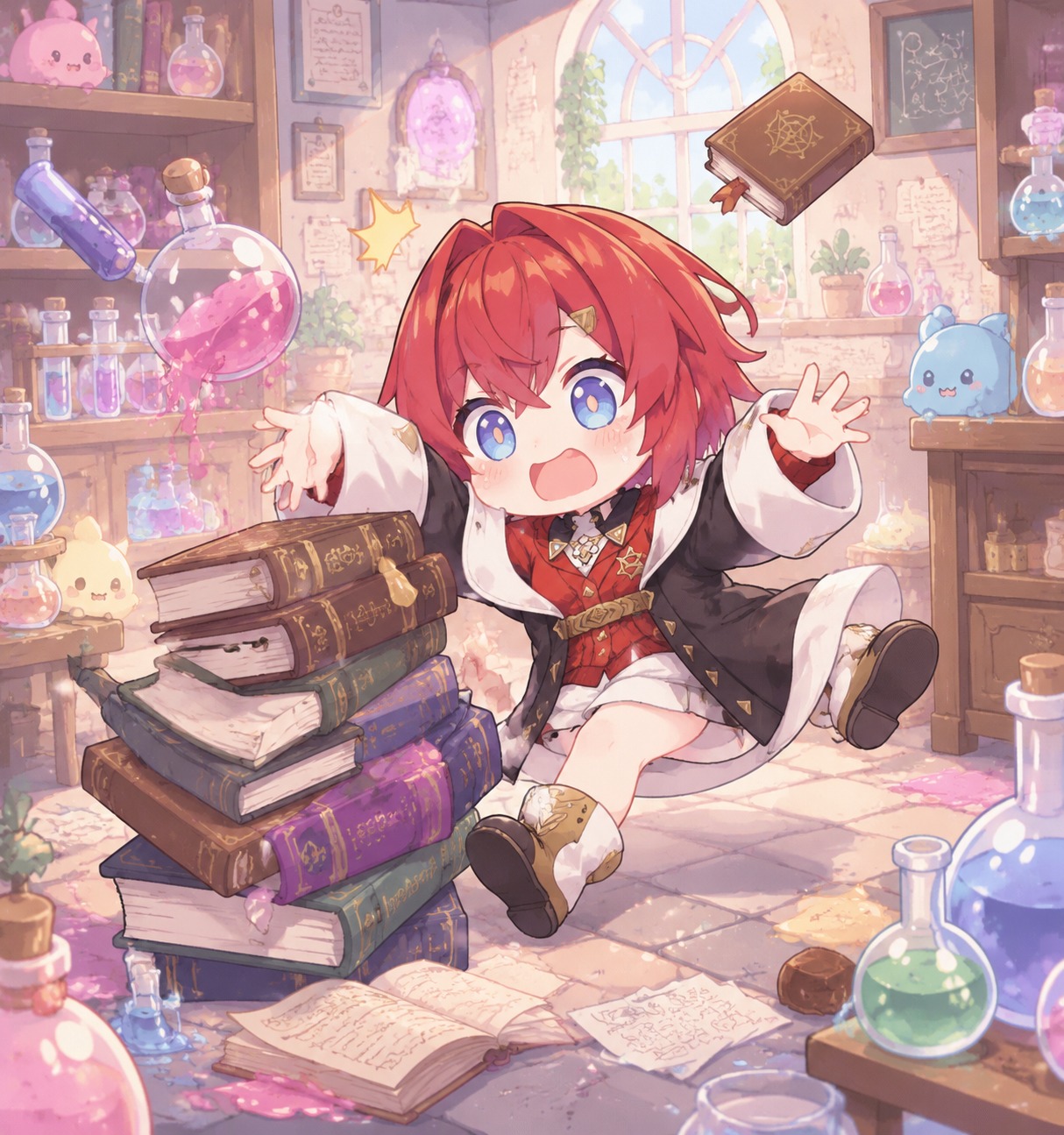 Tripping over a stack of leather-bound grimoires In a cluttered laboratory filled with glass beakers (squishy chibi style, pastel candy colors)