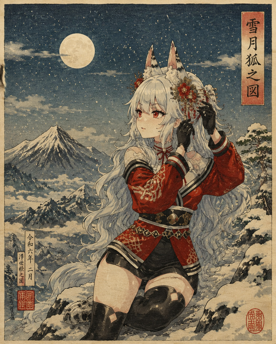 Adjusting her intricate floral hairpins On a snowy mountain peak under the moonlight (traditional Ukiyo-e woodblock print)