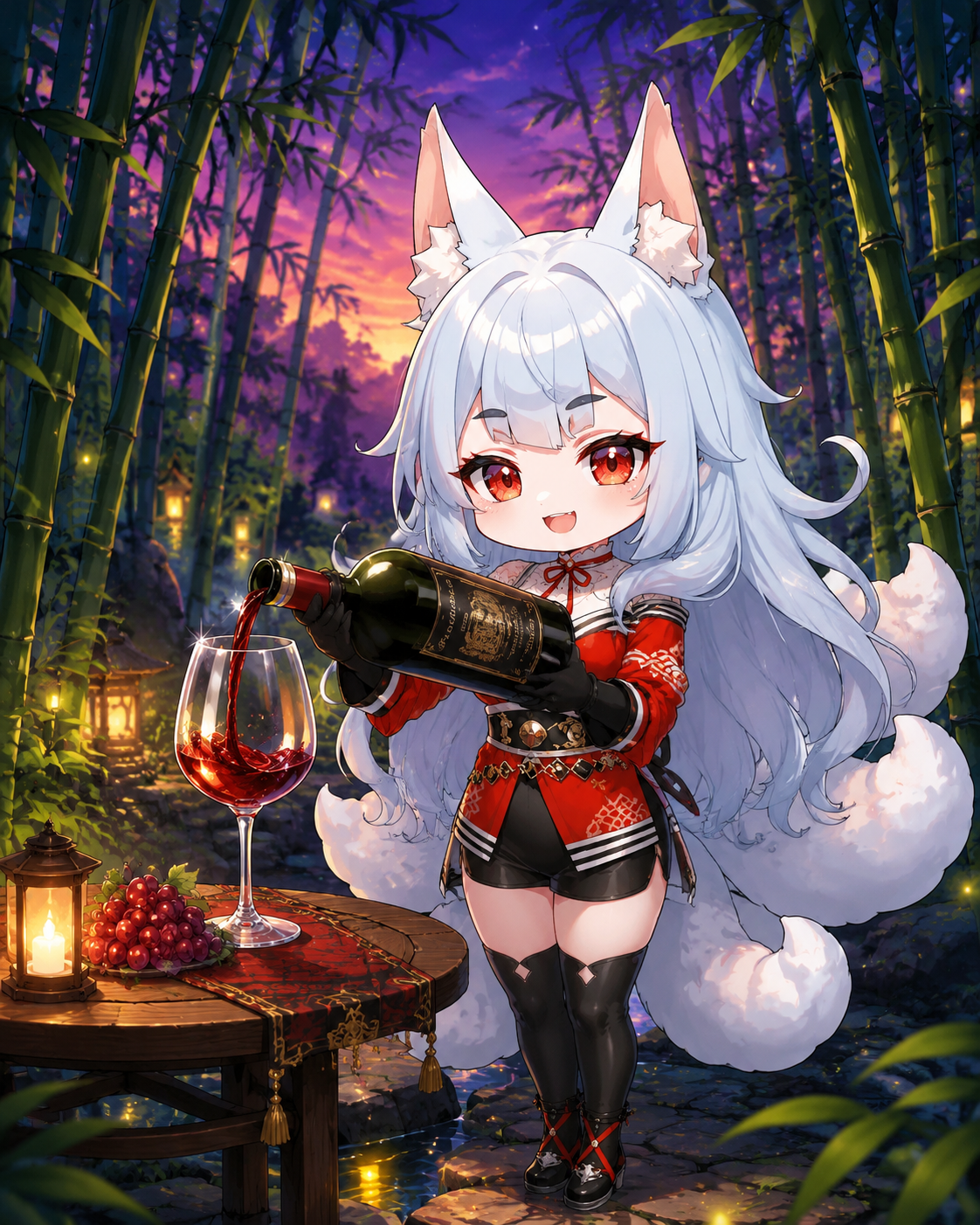 Pouring a glass of expensive red wine In a lush bamboo forest at twilight (chibi style, vibrant and bubbly)
