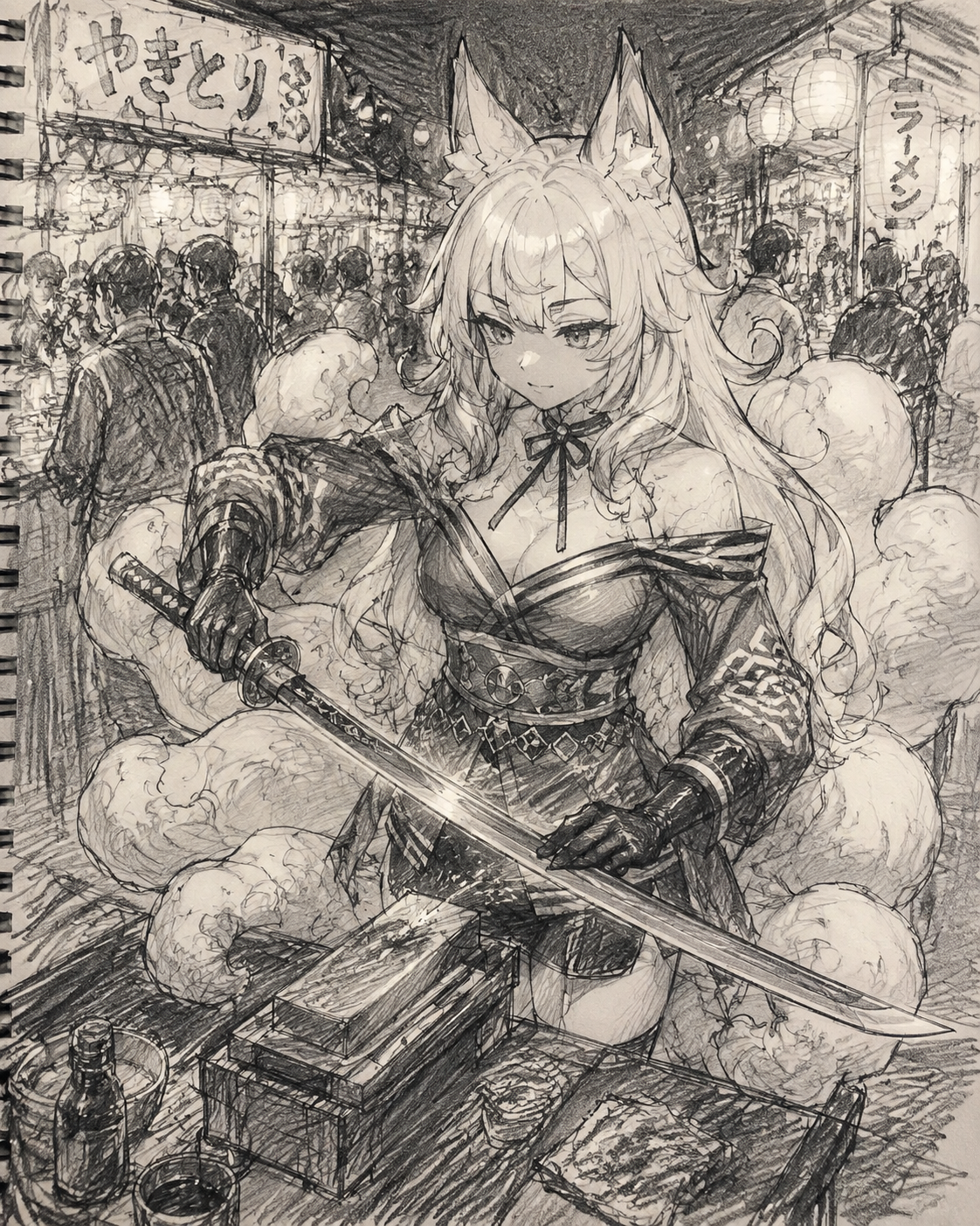 Sharpening a long ceremonial katana At a crowded street food night market (sketchbook pencil drawing, rough charcoal lines)