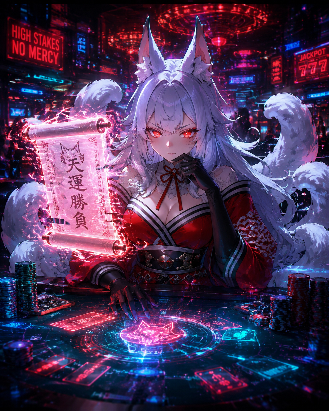 Staring intensely at a mystical floating scroll At a high-stakes gambling table in a casino (cyberpunk digital art, glitch effects)
