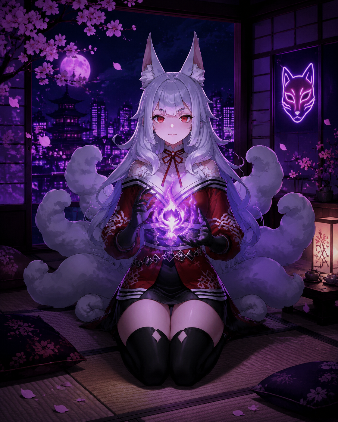 Summoning spectral foxfire between her palms In a cozy tatami room with cherry blossoms (dark synthwave, neon purple glows)