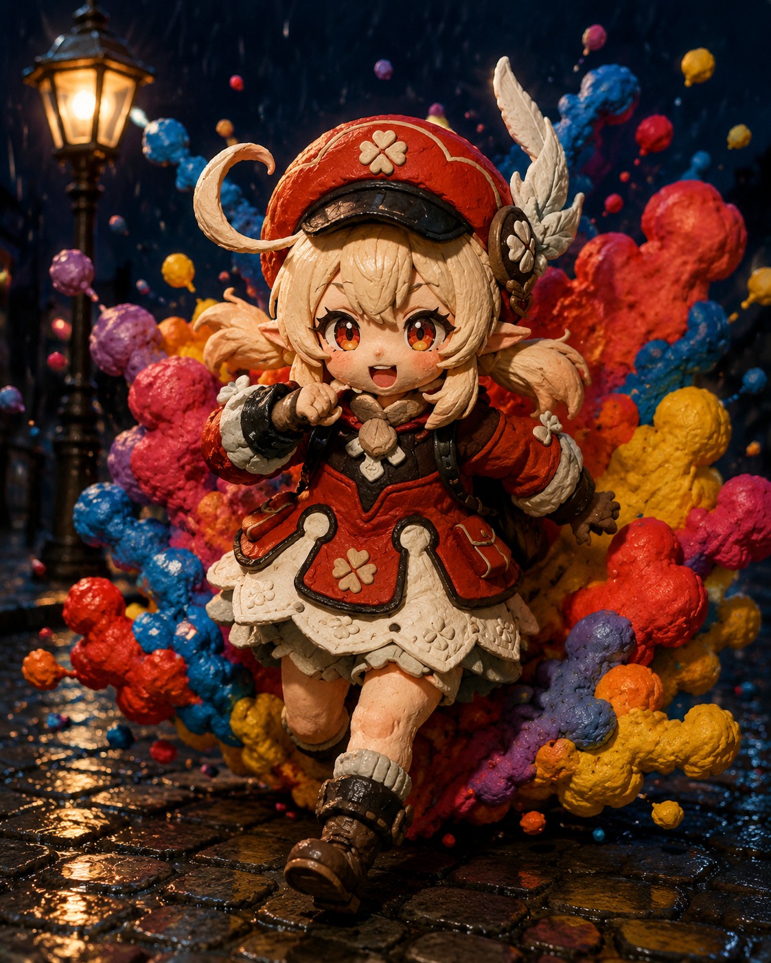 Bursting through a cloud of colorful smoke At a rainy cobblestone street under a dim streetlight (chunky claymation with vibrant primary colors)