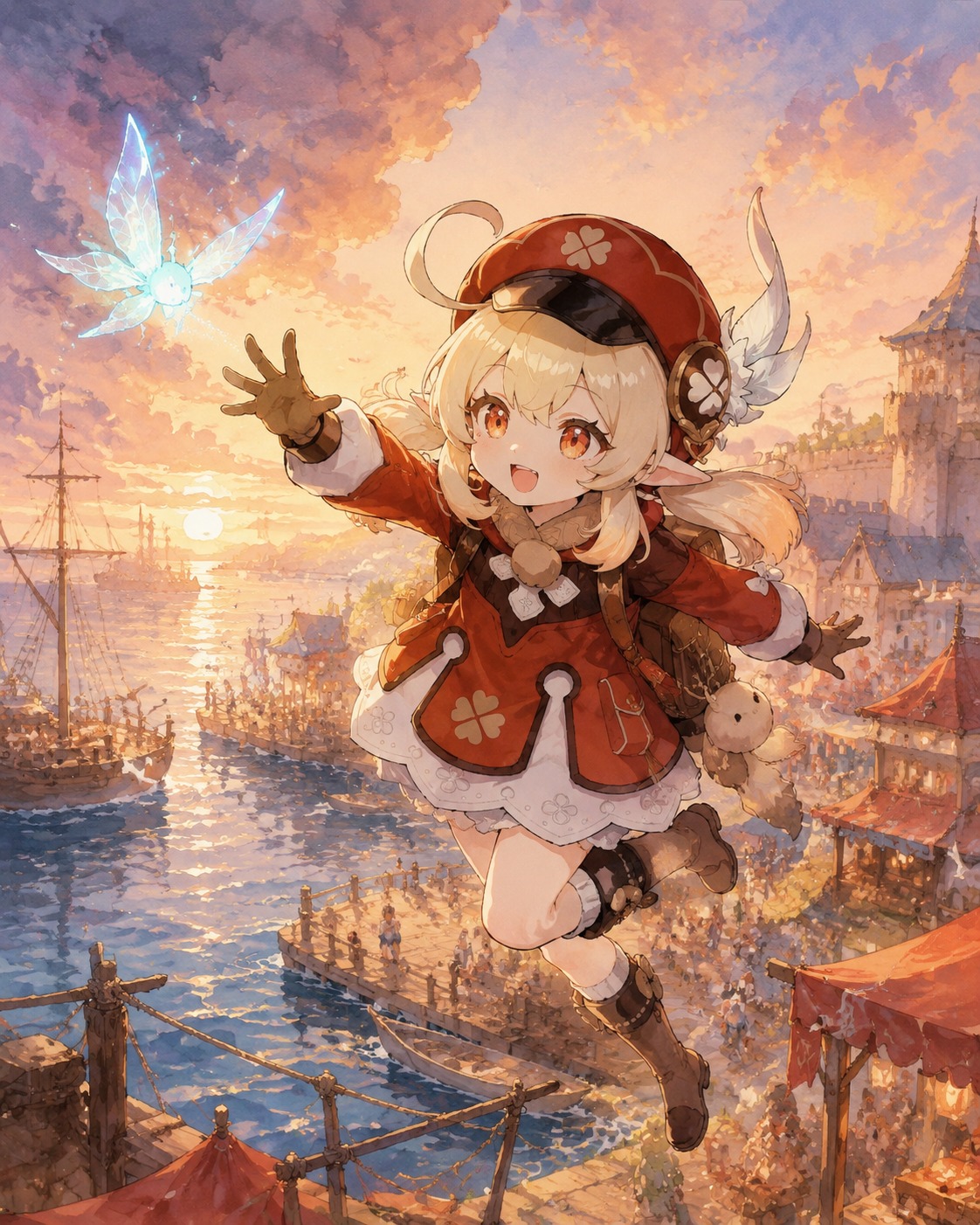 Chasing a glowing crystalfly through the air At a bustling seaside harbor during sunset (watercolor anime with soft lighting)