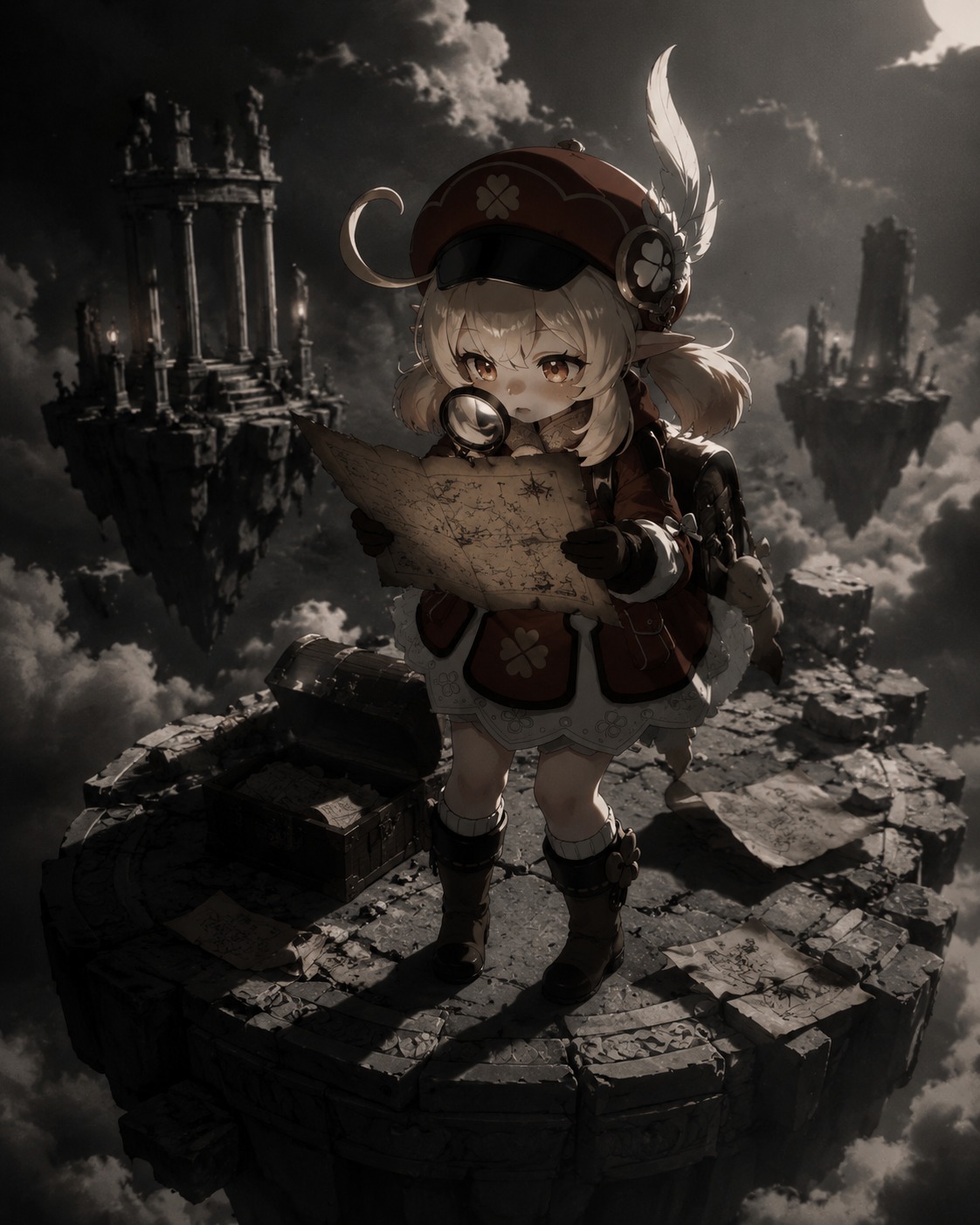 Inspecting a mysterious map with a magnifying glass On a floating stone platform amidst the clouds (cinematic noir with dramatic shadows)