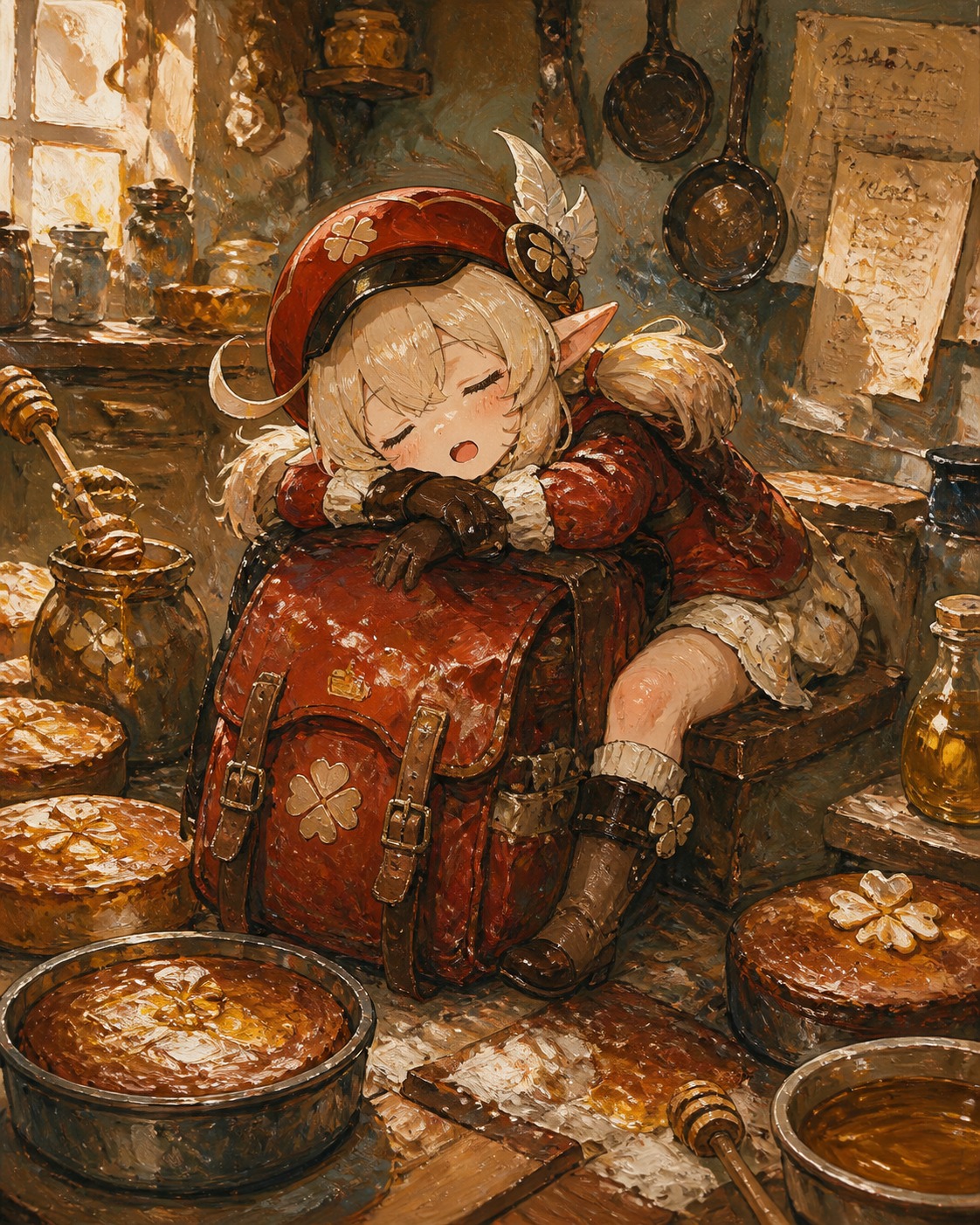 Snoozing atop a weathered red backpack In a kitchen surrounded by half-baked honey cakes (oil painting with thick impasto brushstrokes)