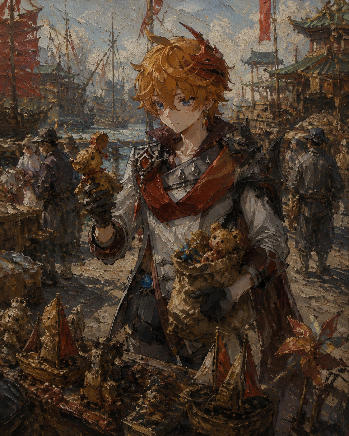 Buying toys for his younger siblings At the busy Liyue Harbor docks (gritty oil painting, heavy textures)