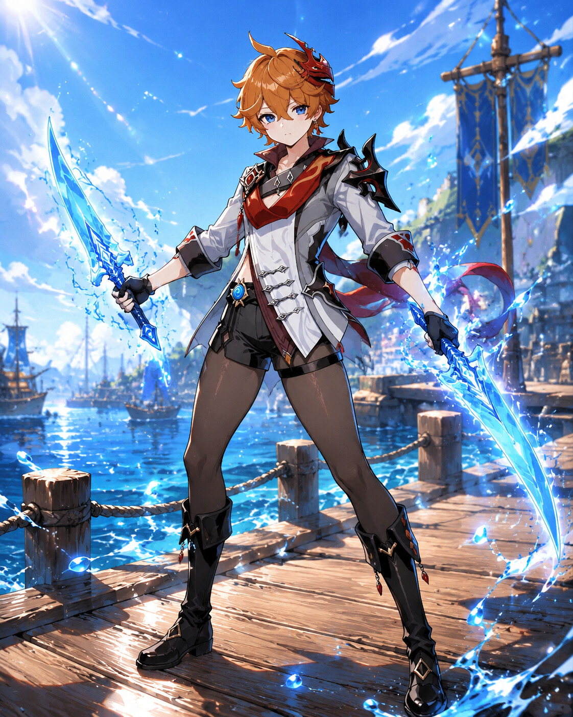 Dual-wielding glowing hydro blades at a sun-drenched pier in the afternoon (vibrant anime style)