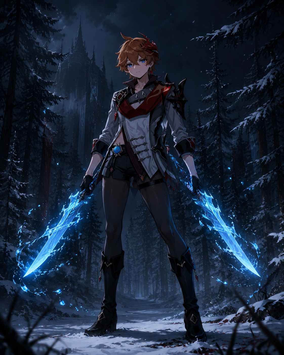 Dual-wielding glowing hydro blades In a snow-covered Snezhnayan pine forest (dark fantasy, moody atmospheric lighting)