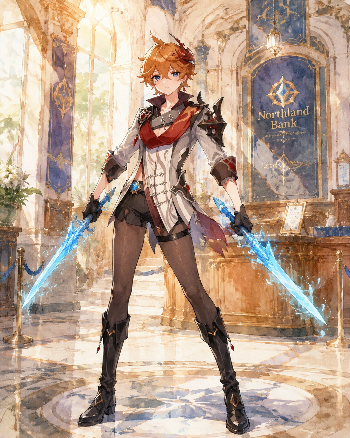 Dual-wielding glowing hydro blades in the lavish Northland Bank lobby (soft watercolor)