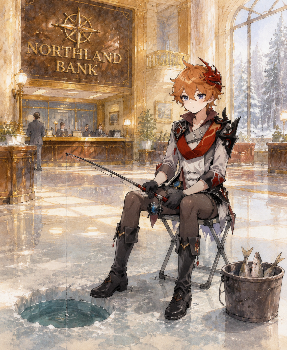 Ice fishing on a frozen lake In the lavish Northland Bank lobby (soft watercolor, gentle sunlight)