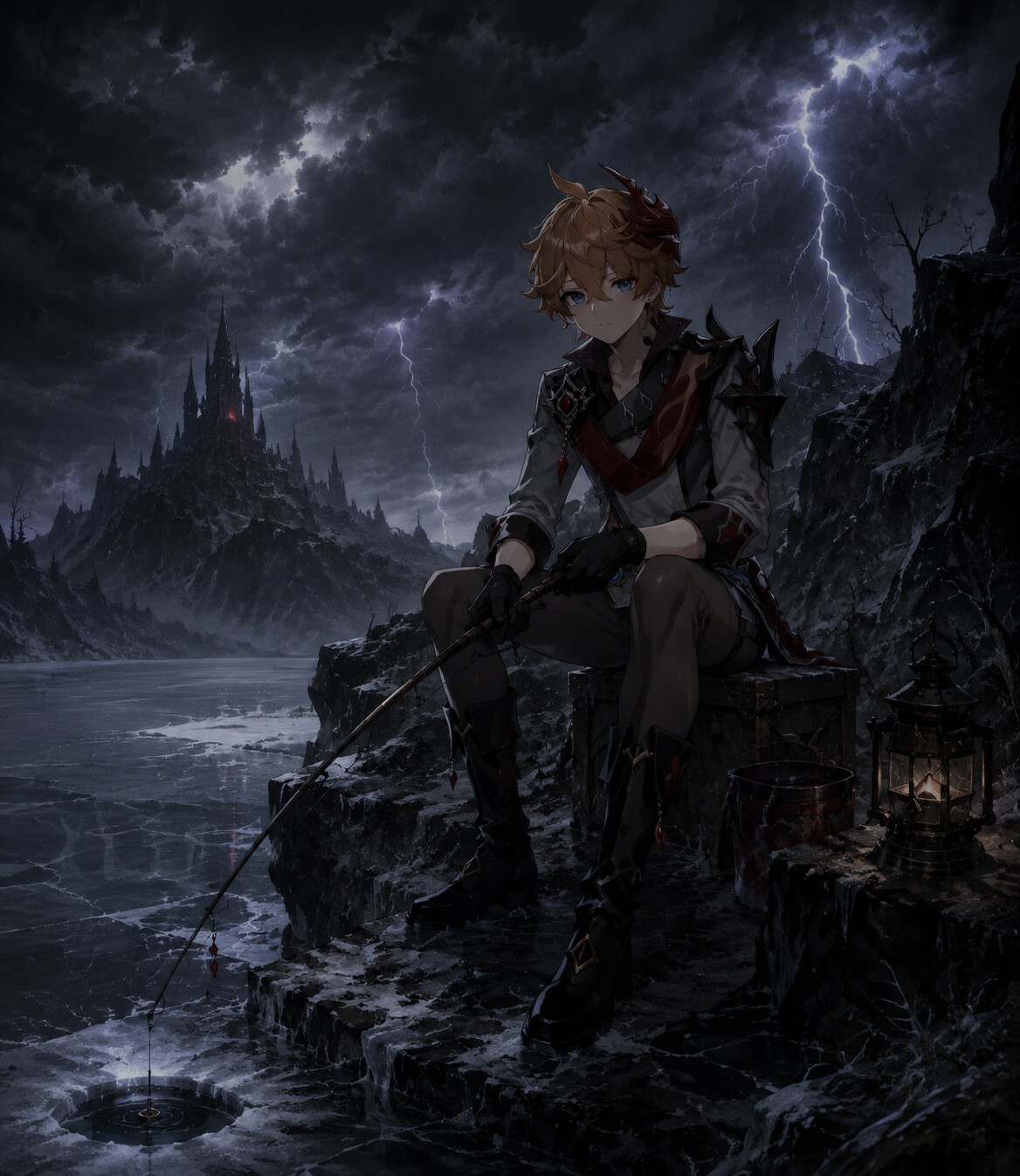 Ice fishing on a frozen lake on a rocky cliffside during a thunderstorm (dark fantasy)