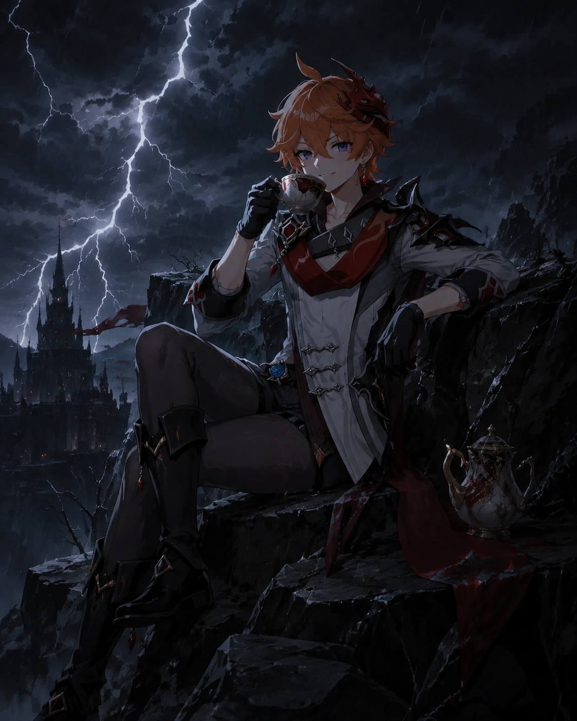 Sipping tea with a confident smirk On a rocky cliffside during a thunderstorm (dark fantasy, moody atmospheric lighting)