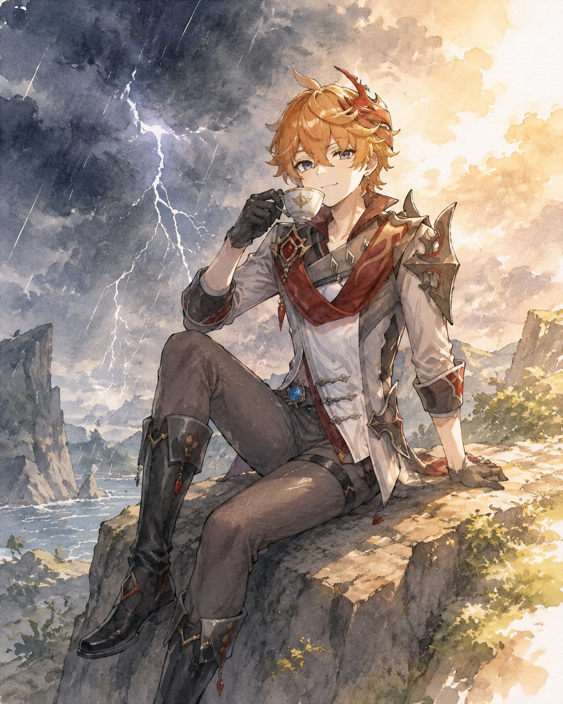 Sipping tea with a confident smirk On a rocky cliffside during a thunderstorm (soft watercolor, gentle sunlight)