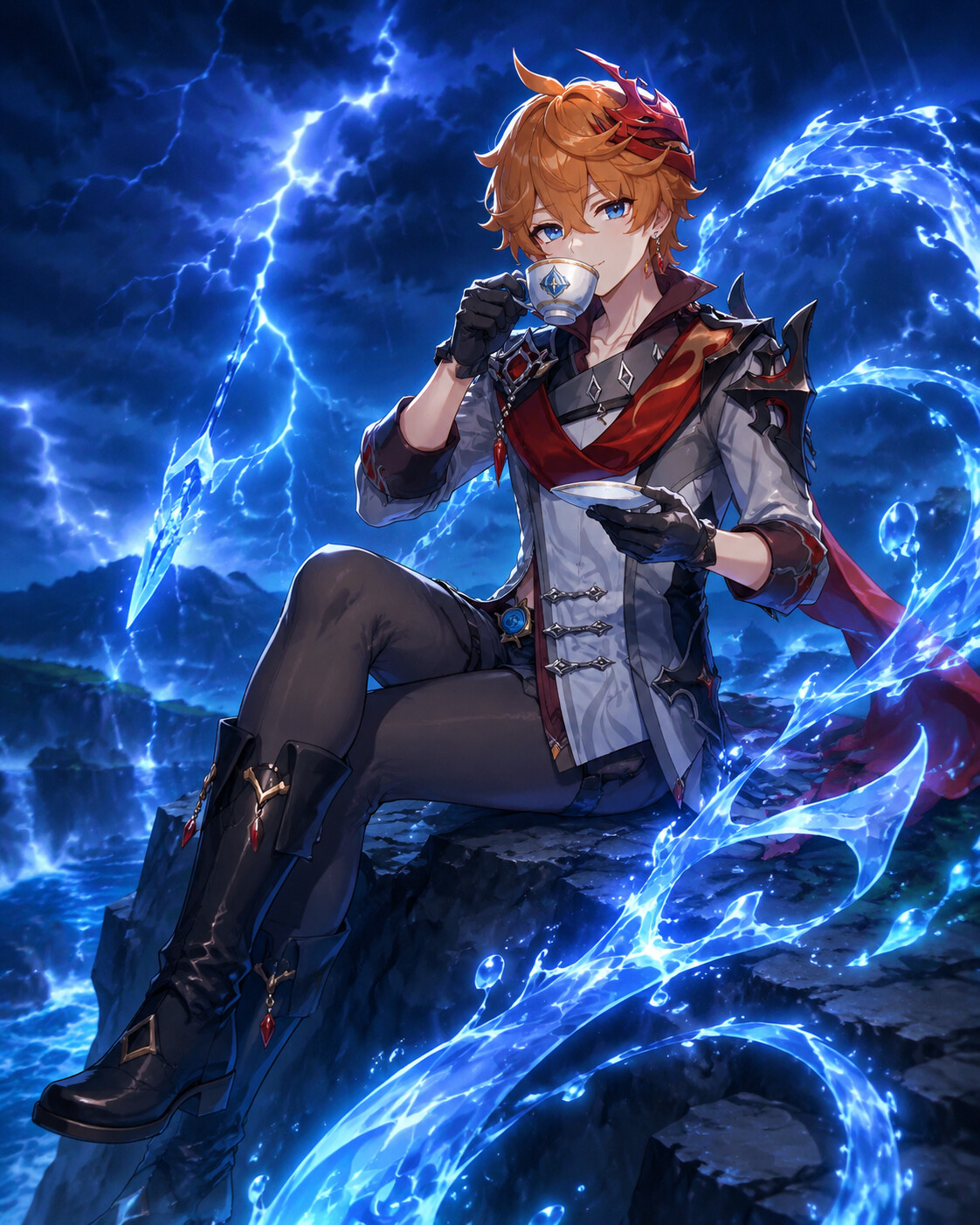 Sipping tea with a confident smirk on a rocky cliffside during a thunderstorm (vibrant anime style)