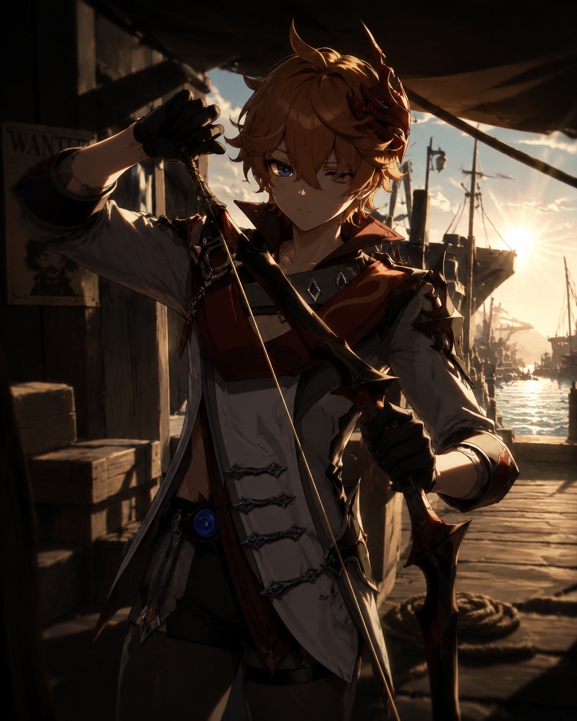 Stringing a bow with calculated precision At a sun-drenched pier in the afternoon (cinematic noir, dramatic shadows)