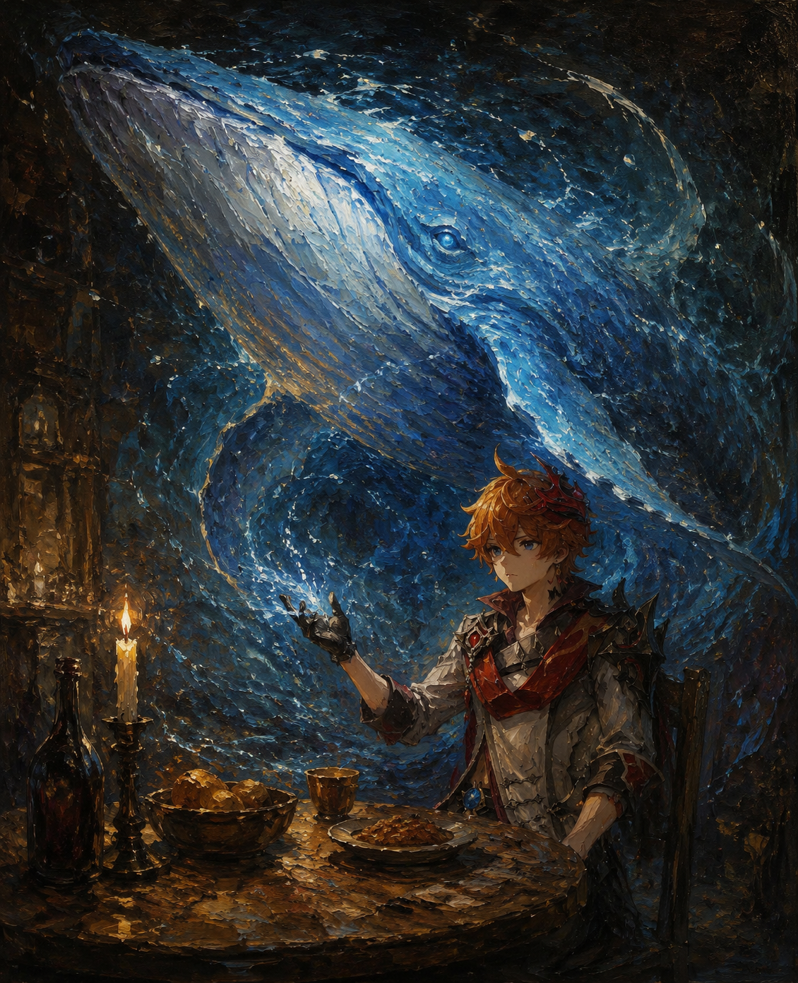 Summoning a gargantuan hydro whale At a humble dinner table by candlelight (gritty oil painting, heavy textures)