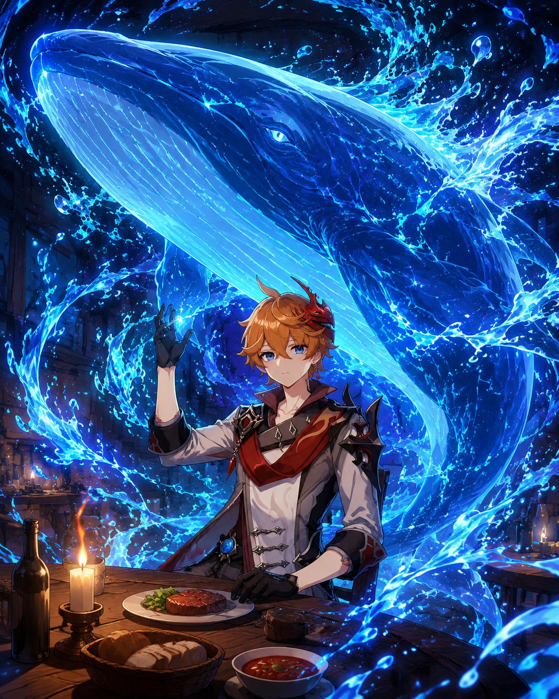 Summoning a gargantuan hydro whale At a humble dinner table by candlelight (vibrant anime style, glowing hydro effects)