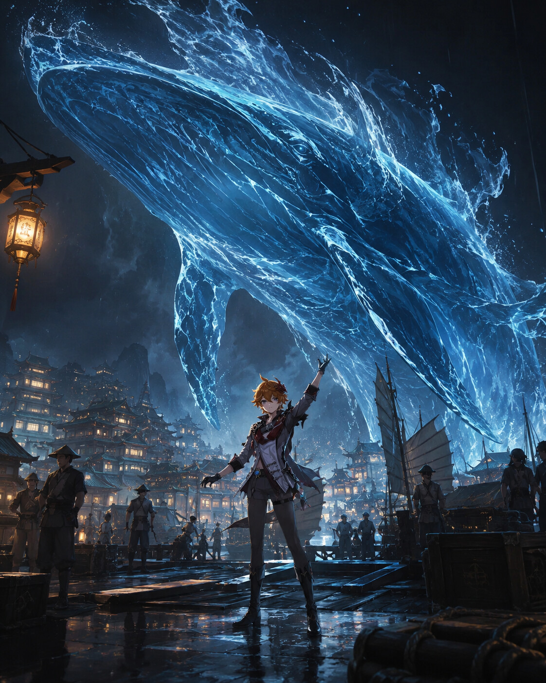 Summoning a gargantuan hydro whale at the busy Liyue Harbor docks (cinematic noir)
