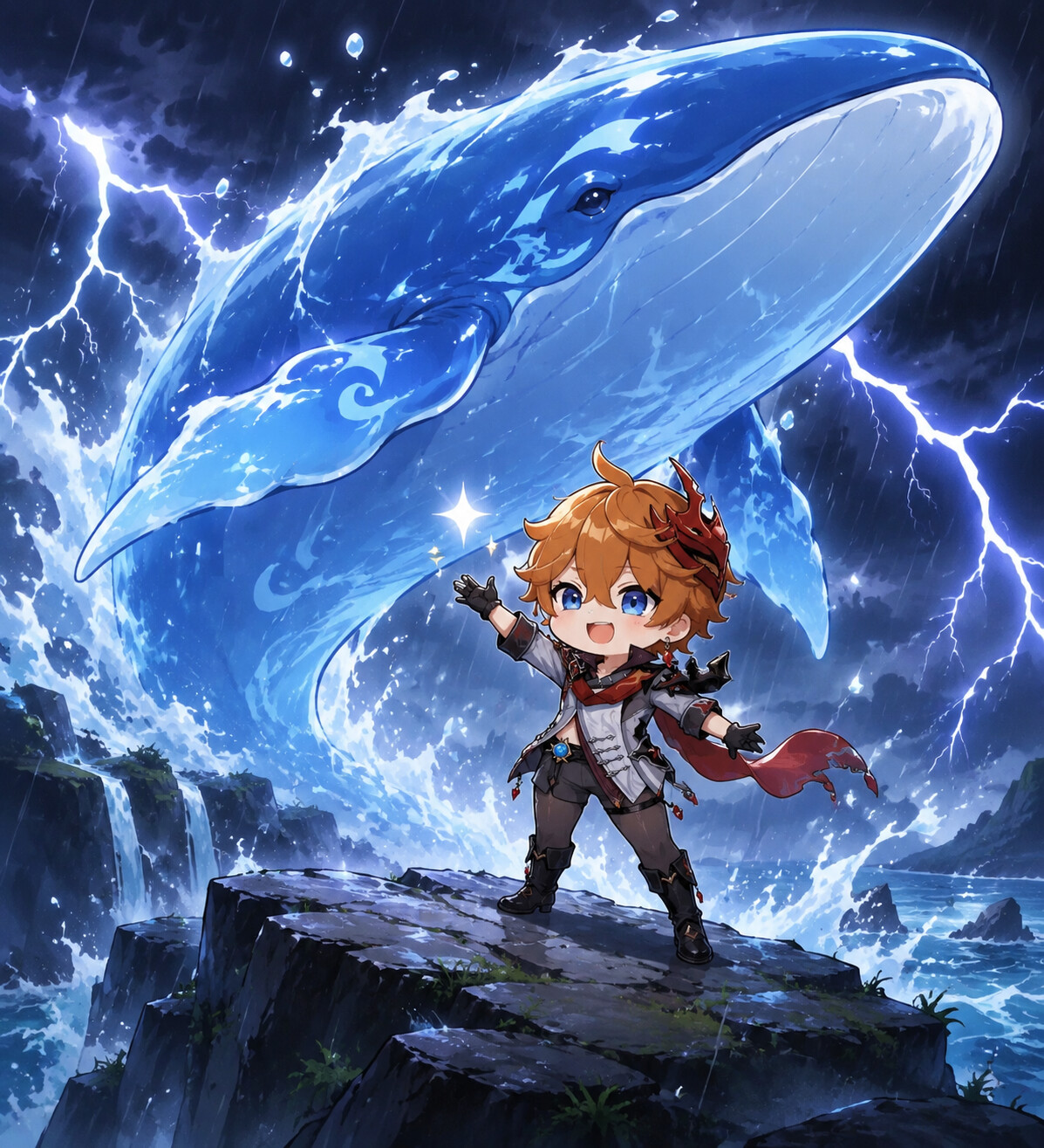 Summoning a gargantuan hydro whale on a rocky cliffside during a thunderstorm (chibi style)