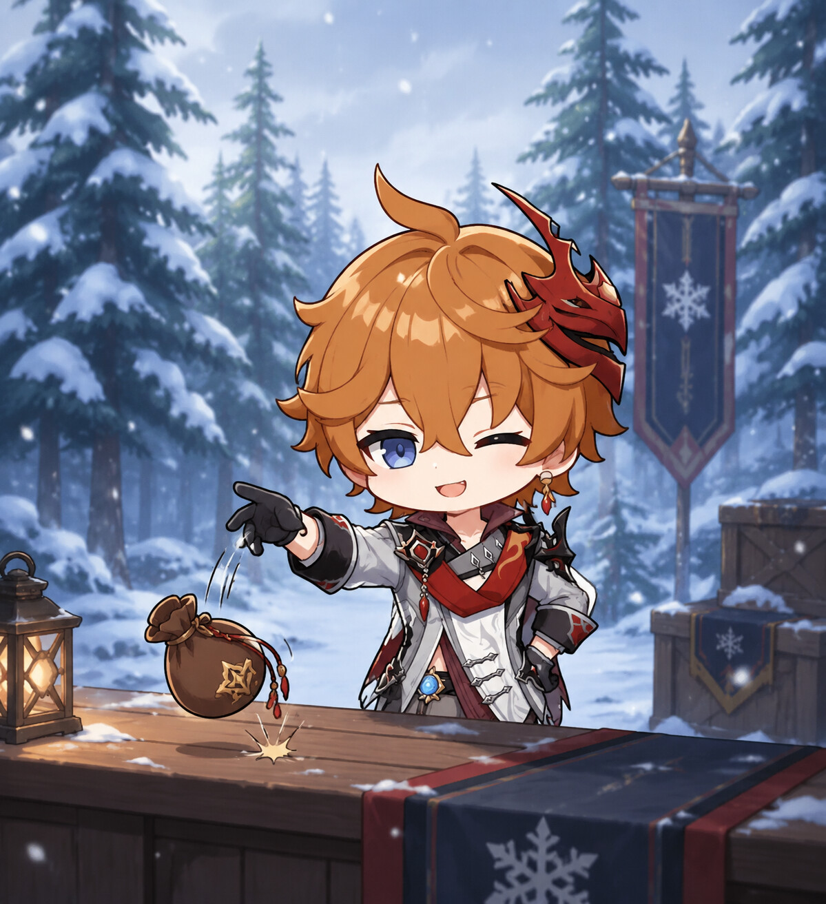 Tossing a coin purse onto a counter in a snow-covered Snezhnayan pine forest (chibi style)