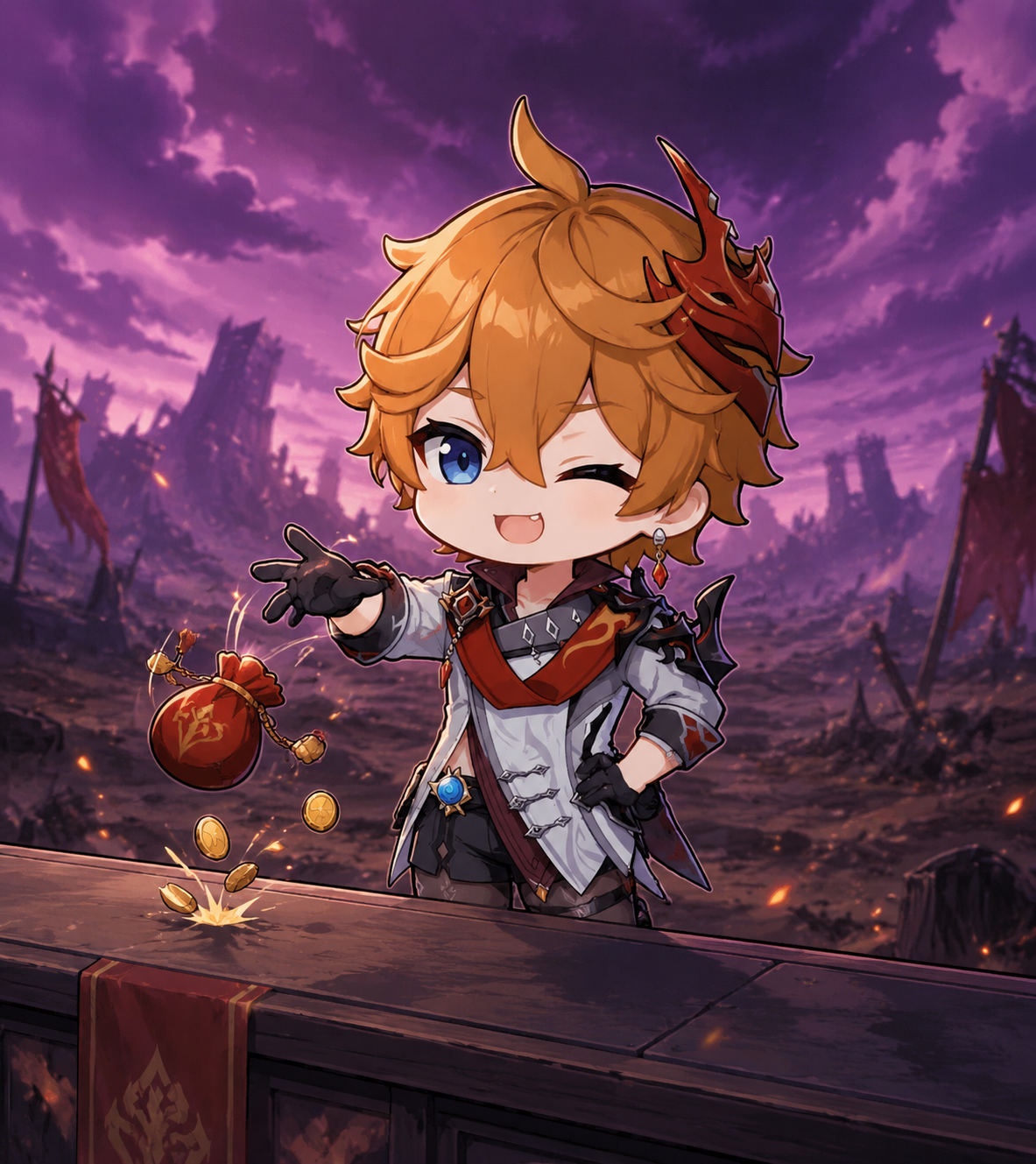 Tossing a coin purse onto a counter On a scorched battlefield under a purple sky (chibi style, cute and playful)