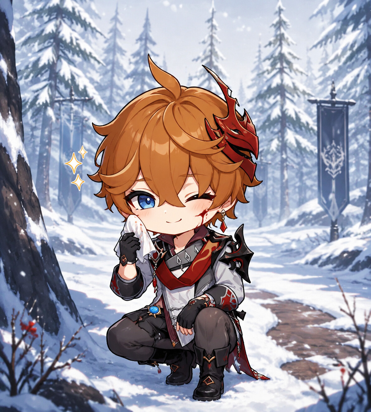Wiping blood from a facial scratch in a snow-covered Snezhnayan pine forest (chibi style)