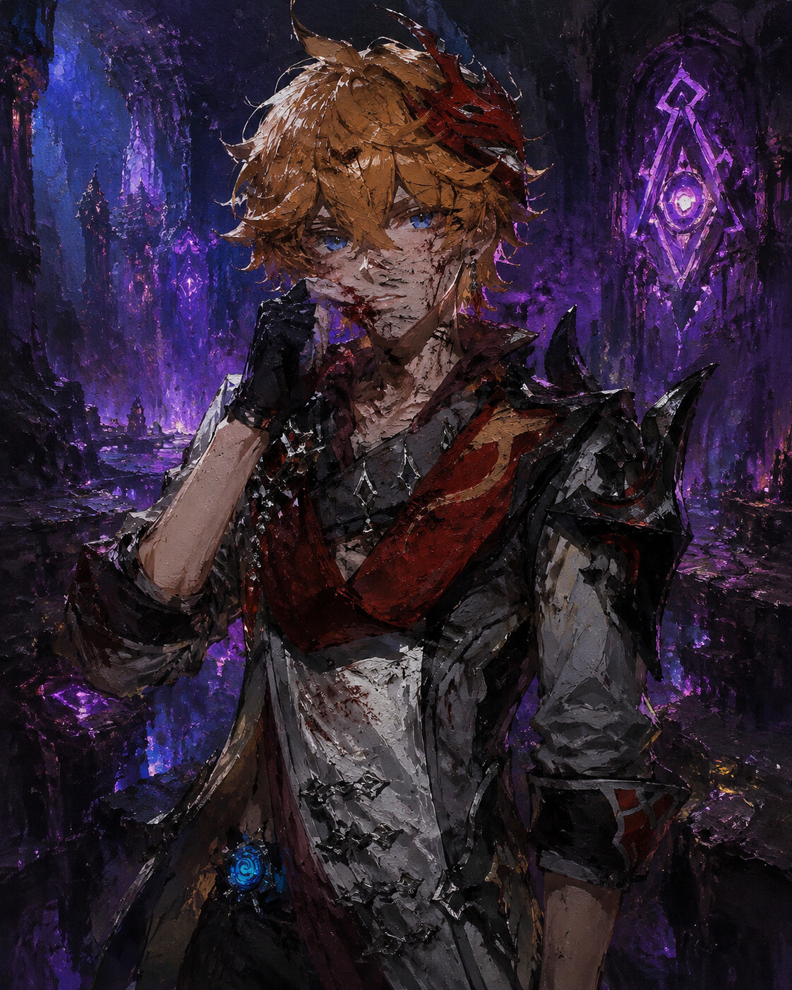 Wiping blood from a facial scratch in the glowing neon depths of the Abyss (gritty oil painting)