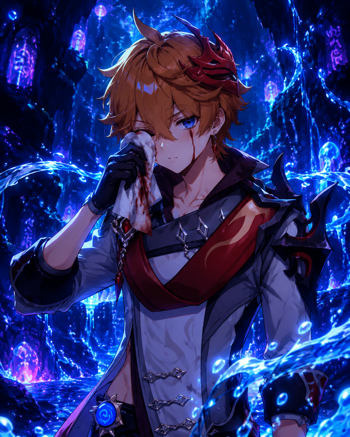 Wiping blood from a facial scratch In the glowing neon depths of the Abyss (vibrant anime style, glowing hydro effects)