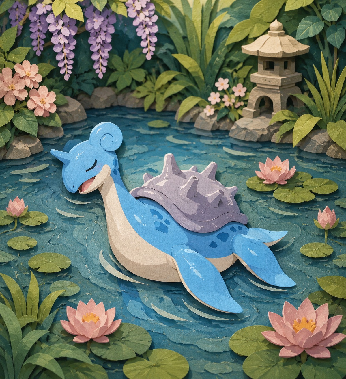Dozing while drifting In a quiet botanical garden pond (paper cutout craft, layered textures)