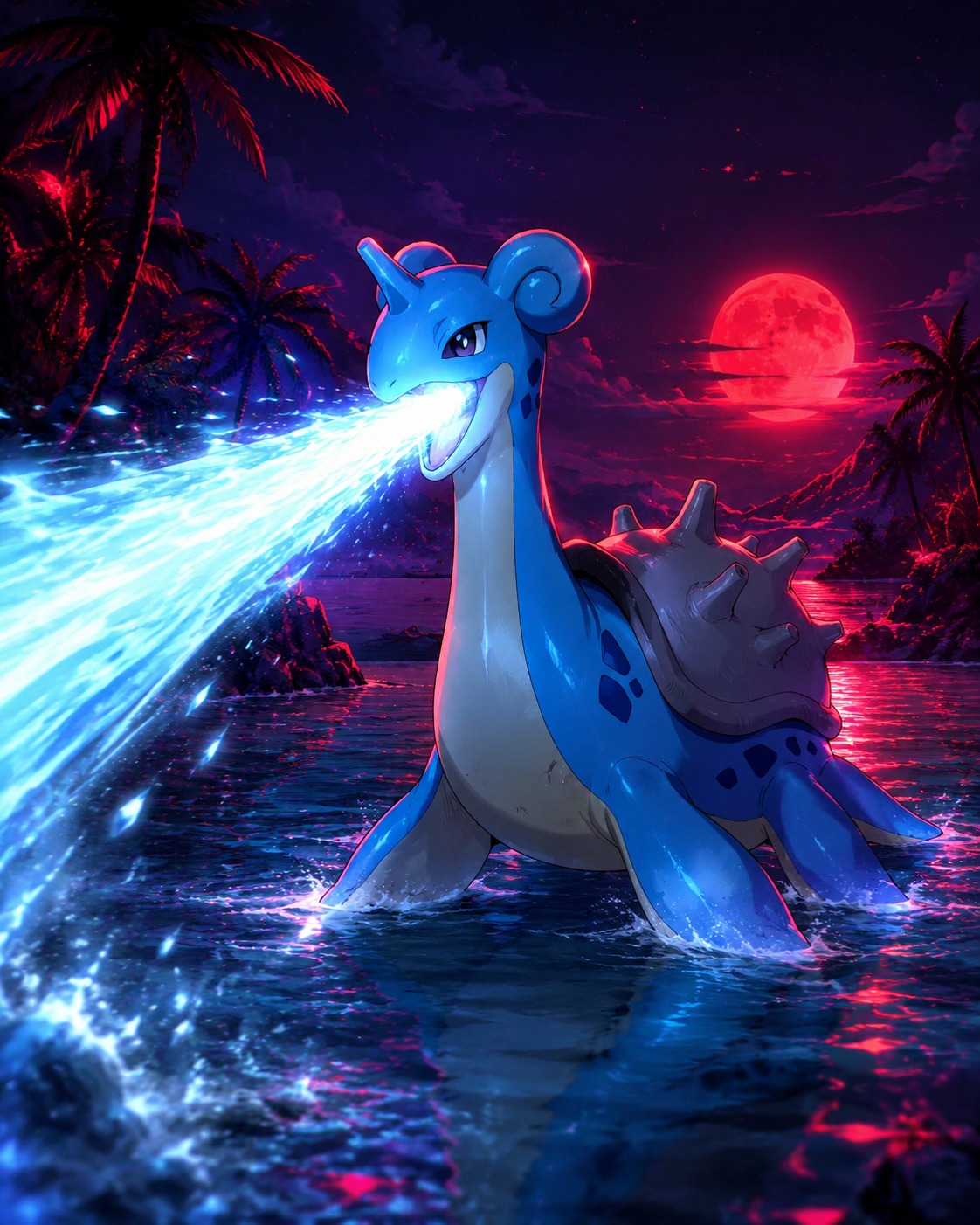 Firing a powerful ice beam In a shimmering tropical lagoon (dark synthwave, glowing red accents)