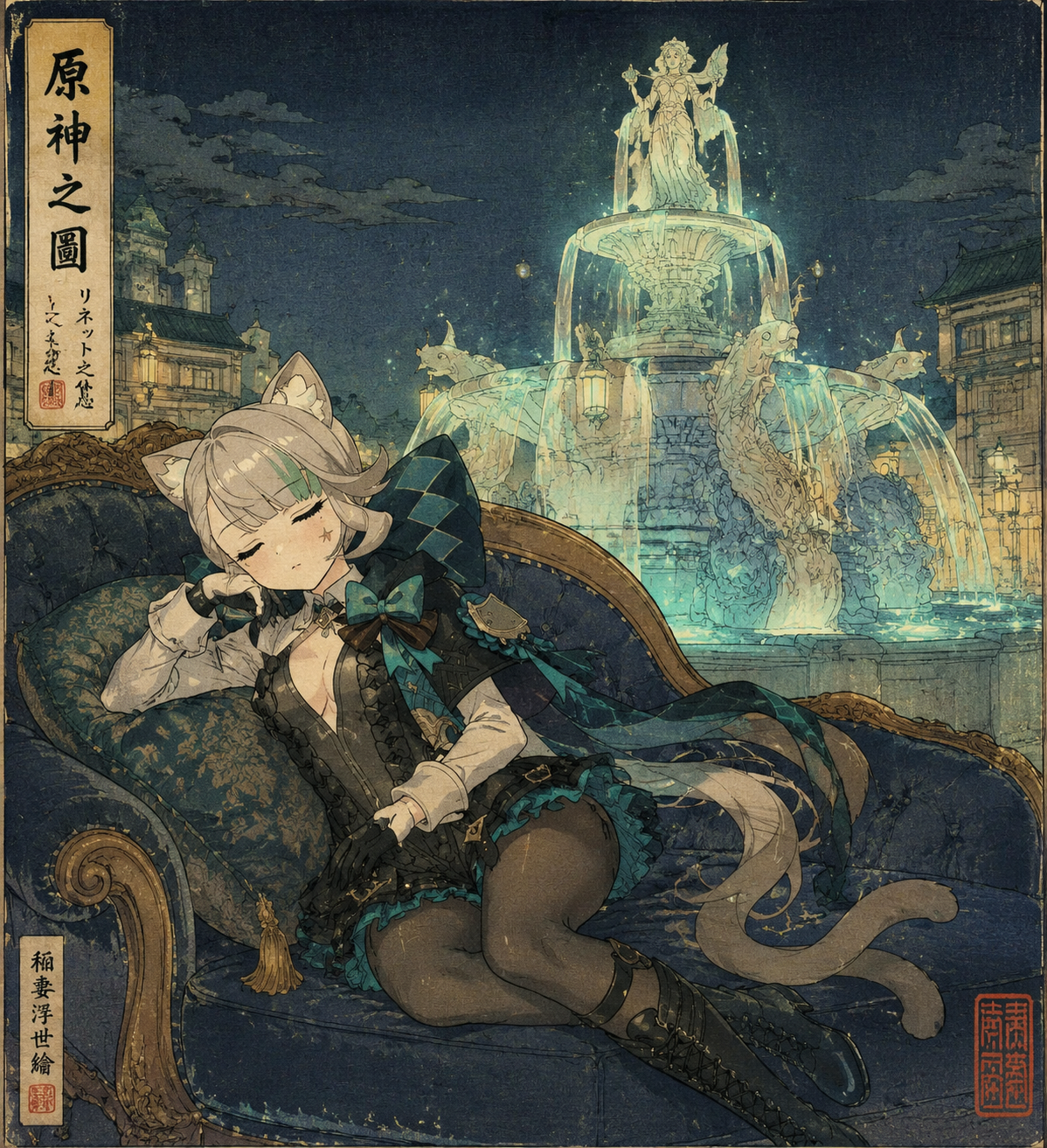 Napping on a plush velvet sofa At the base of a glowing Lucine fountain (ukiyo-e woodblock print, traditional Japanese aesthetic)