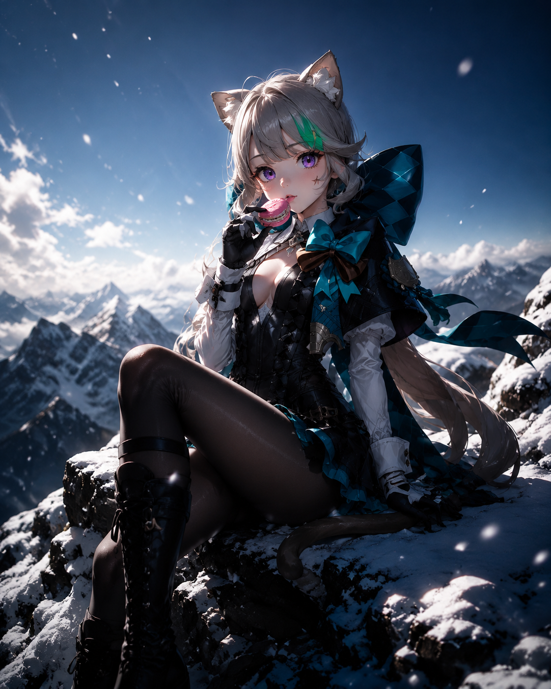 Nibbling on a small strawberry macaron On a snowy mountain peak under a clear sky (cinematic noir, dramatic shadows and high contrast)